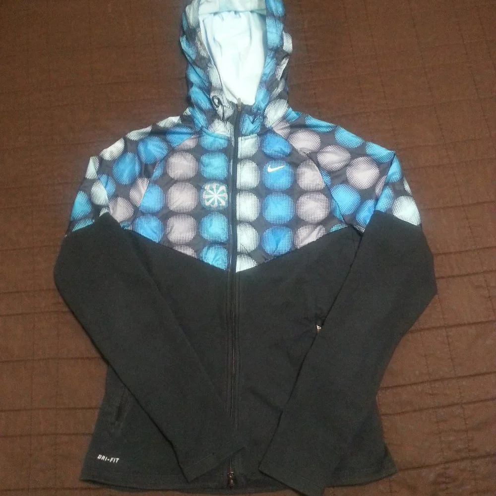 Nike Jacket Windrbreaker Running Dri Fit Hooded Women's Small Black Blue - Picture 1 of 12